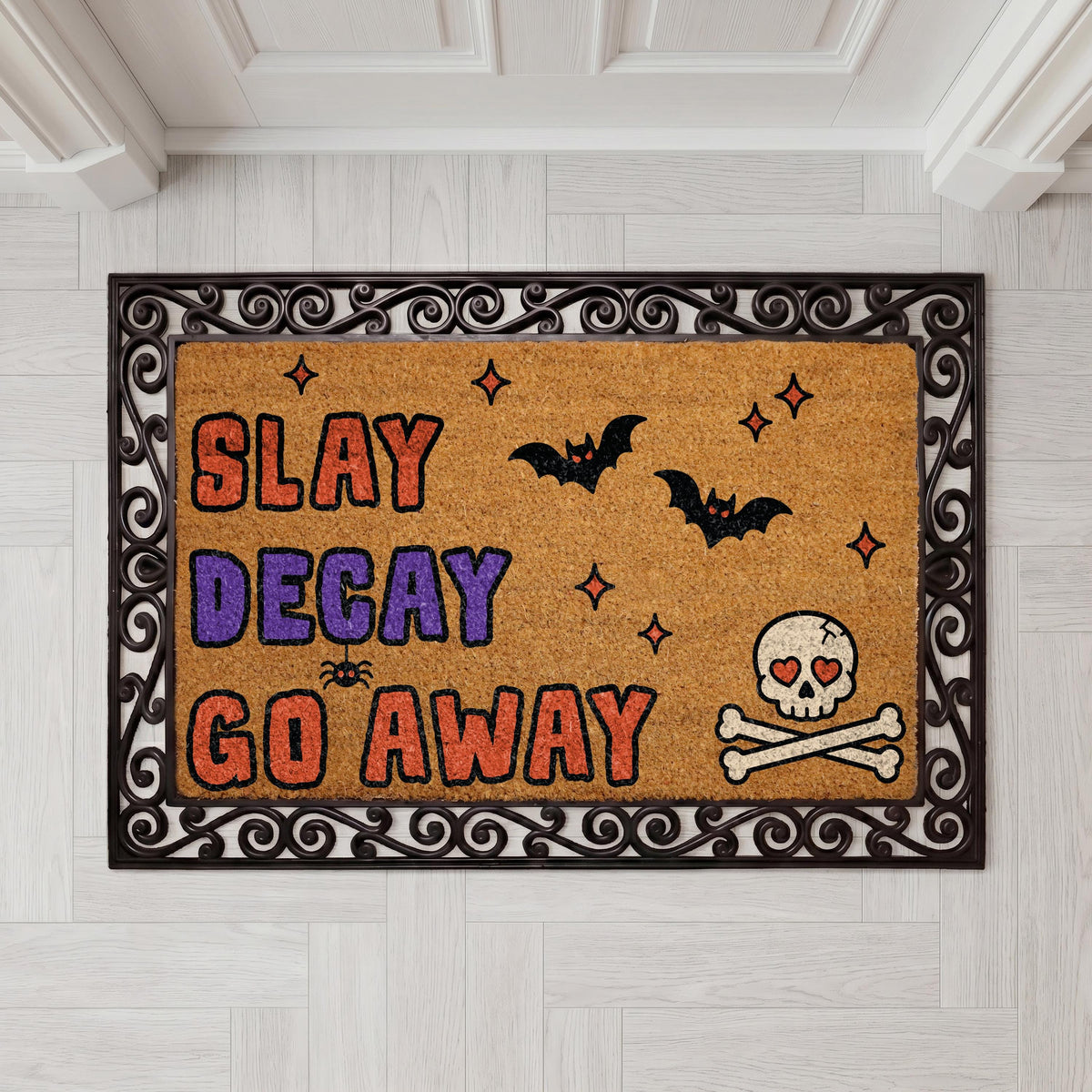 Slay Decay Go Away Halloween Doormat, Spooky Skull Bat Porch Decor