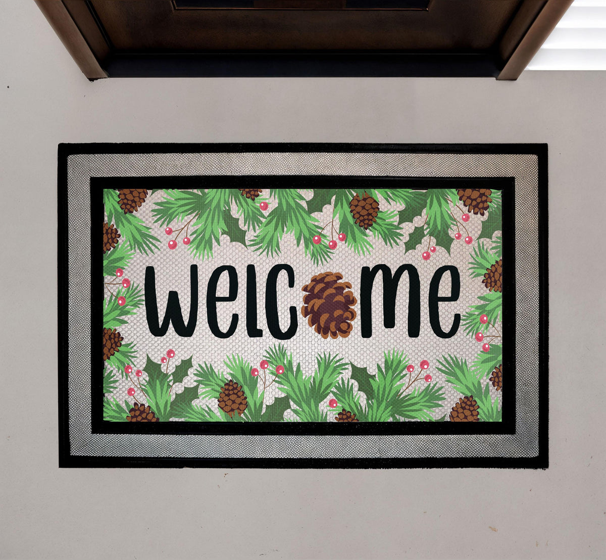 Winter Pine Cone Welcome Doormat, Christmas Holiday Entryway Mat, Festive Greenery Front Door Rug