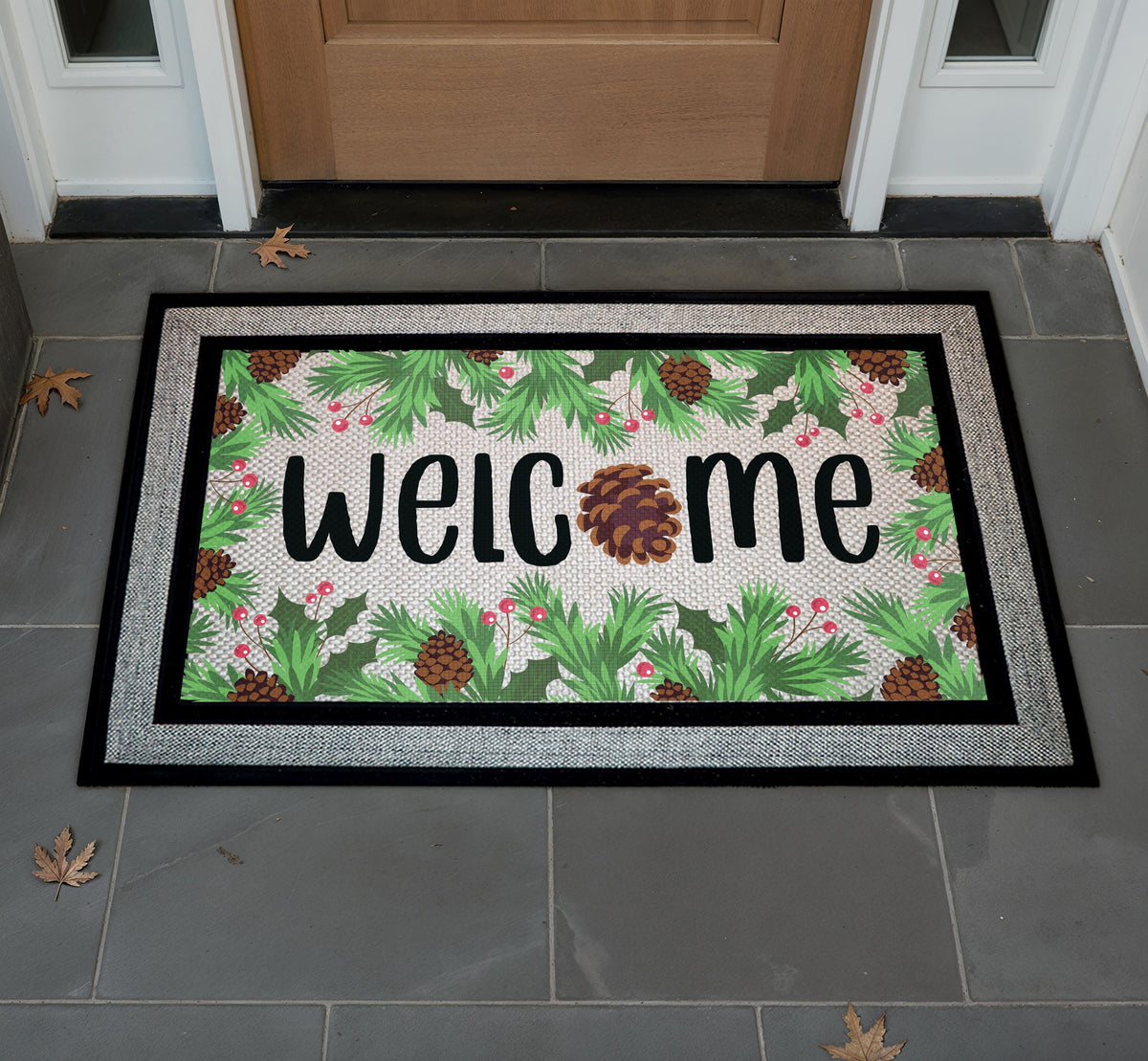 Winter Pine Cone Welcome Doormat, Christmas Holiday Entryway Mat, Festive Greenery Front Door Rug