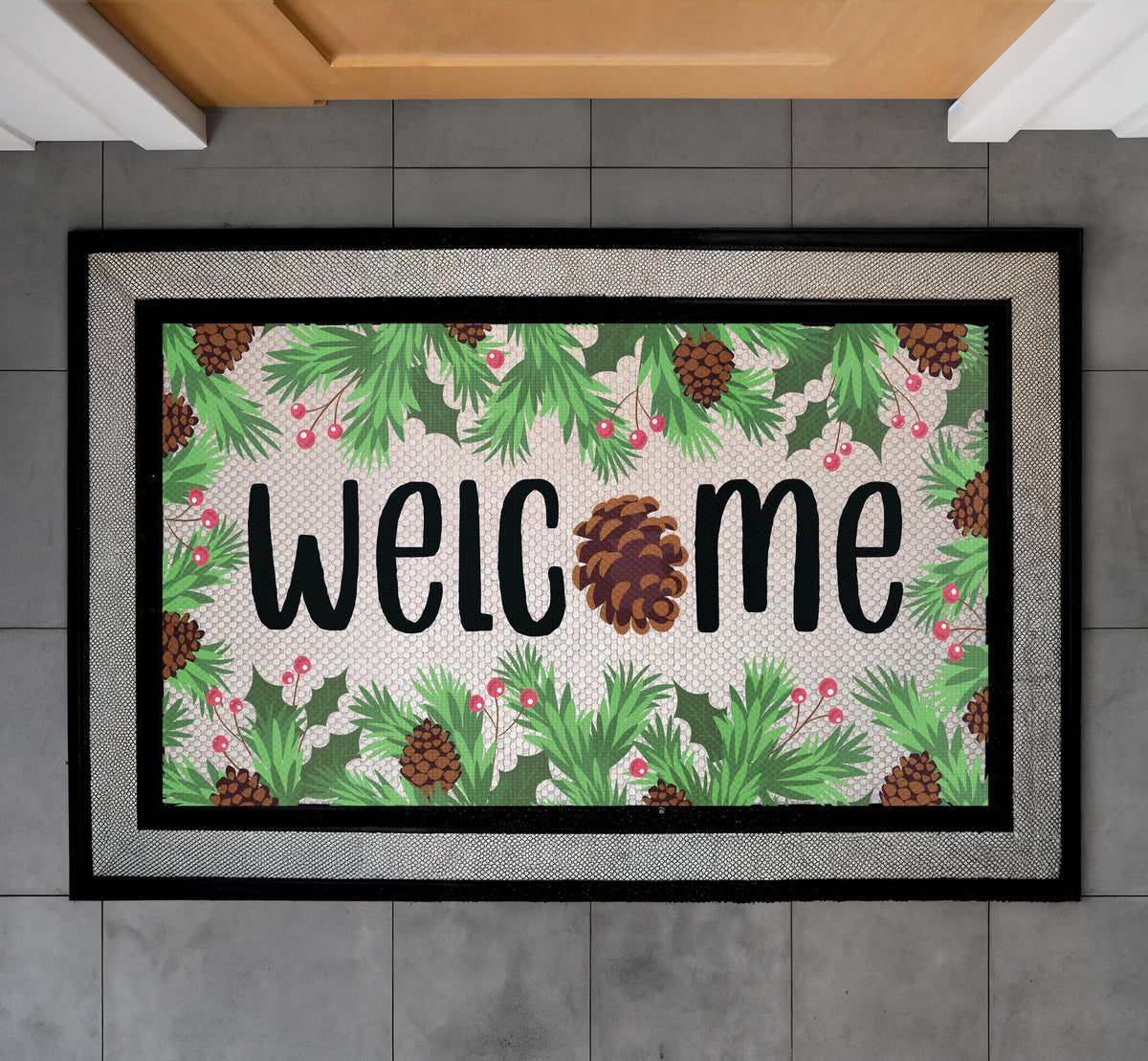Winter Pine Cone Welcome Doormat, Christmas Holiday Entryway Mat, Festive Greenery Front Door Rug