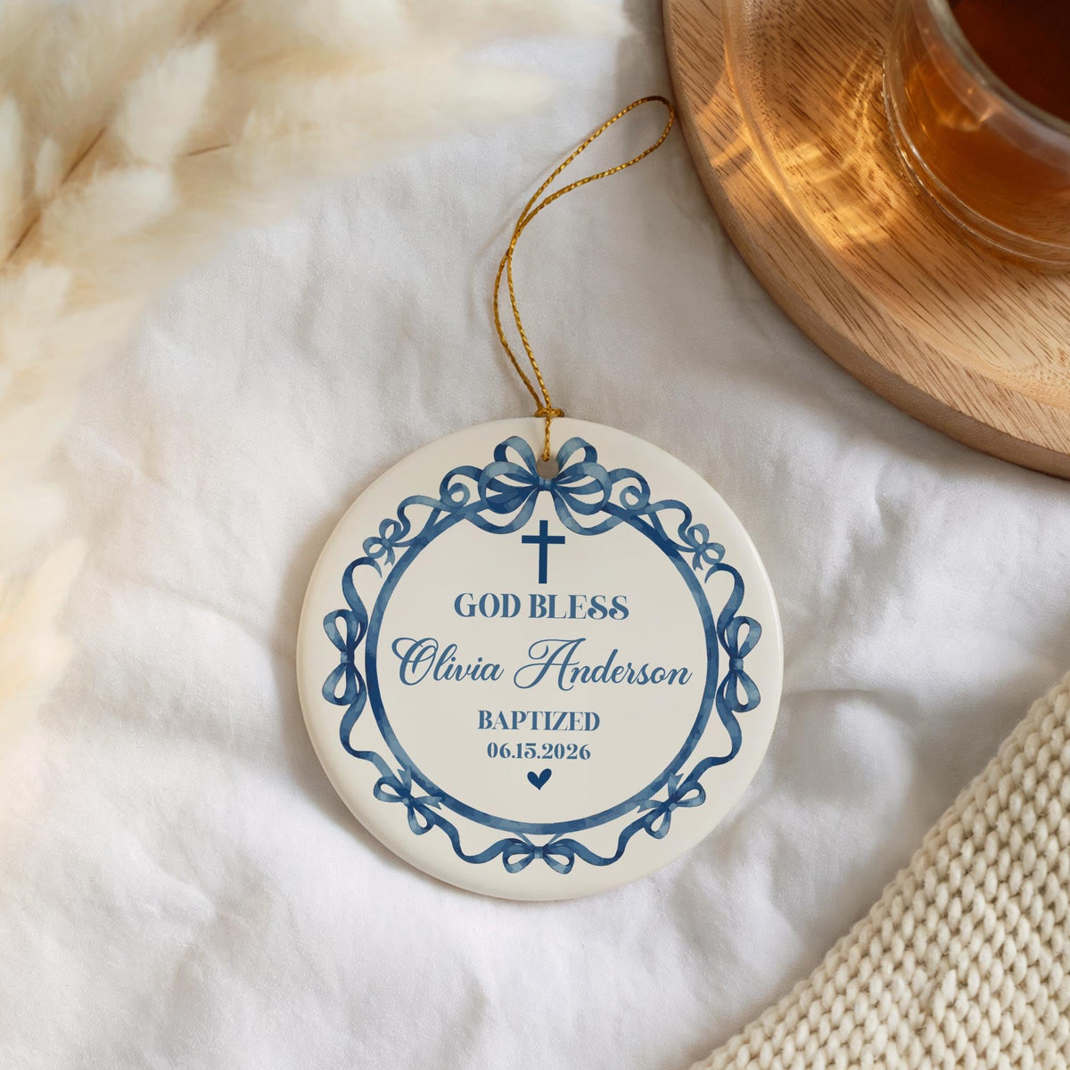 Personalized Baptism Ornament, Custom God Bless Keepsake, Christening Gift (Ceramic)