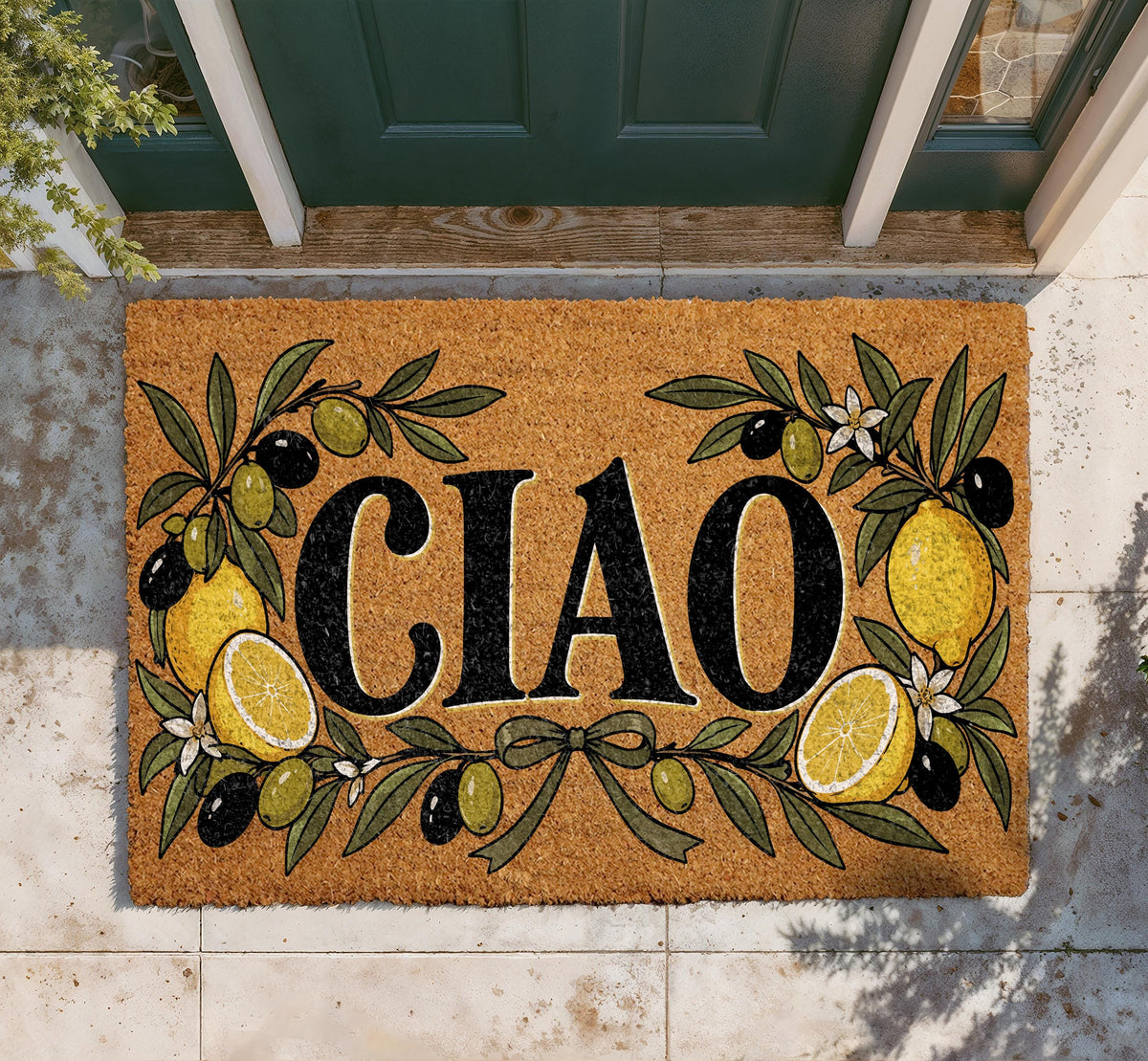 Ciao Doormat, Italian Welcome Mat, Lemon and Olive Branch Decor, Mediterranean Front Porch Rug, Housewarming Gift, Coir Door Mat