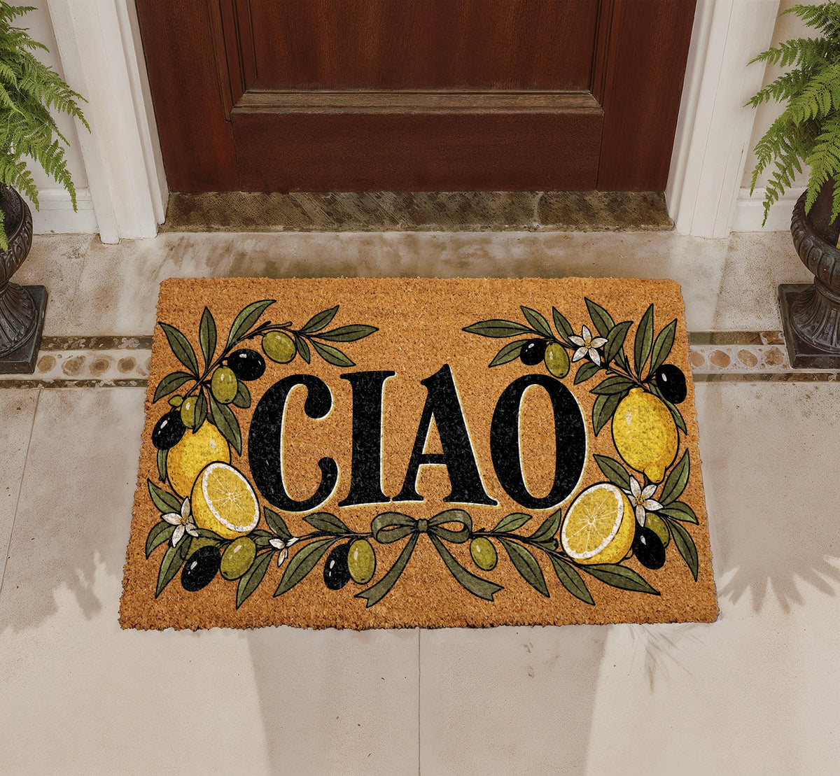 Ciao Doormat, Italian Welcome Mat, Lemon and Olive Branch Decor, Mediterranean Front Porch Rug, Housewarming Gift, Coir Door Mat