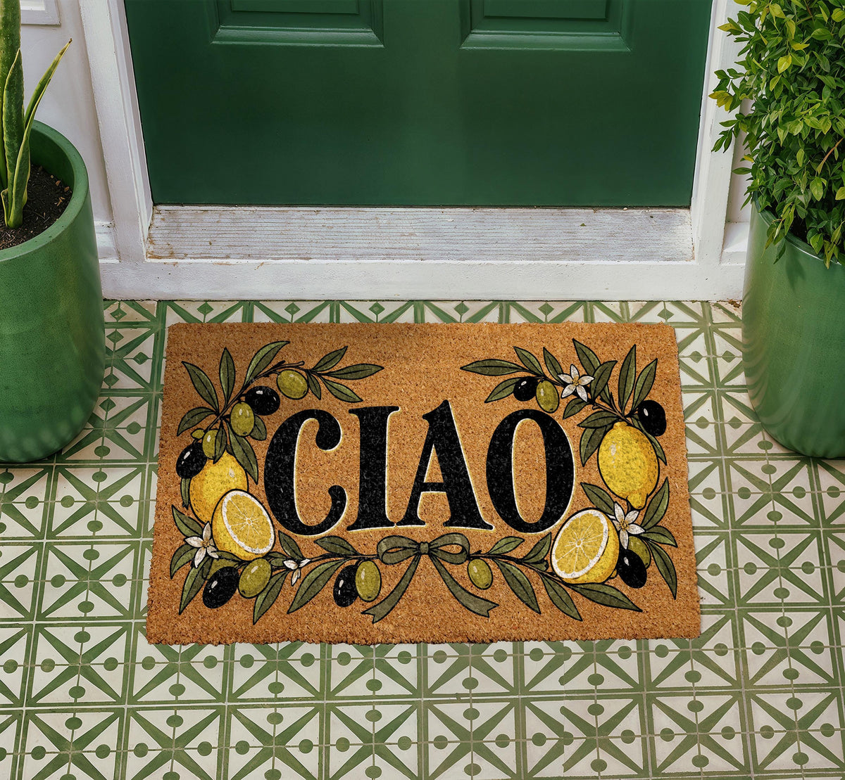 Ciao Doormat, Italian Welcome Mat, Lemon and Olive Branch Decor, Mediterranean Front Porch Rug, Housewarming Gift, Coir Door Mat