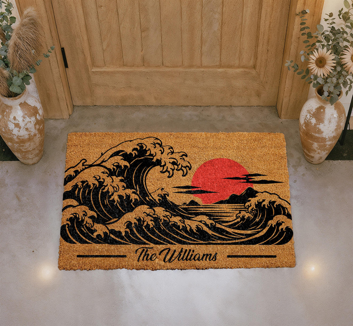 Custom Wave Doormat, Japanese Great Wave Rug, Red Sun Ocean Front Porch Decor, Housewarming Gift