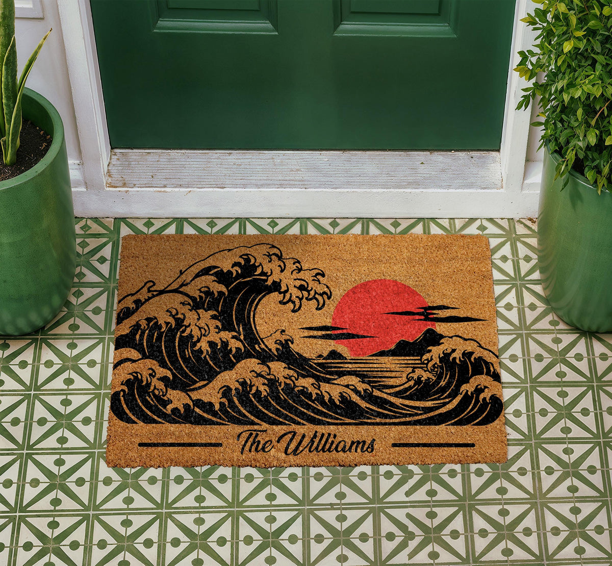 Custom Wave Doormat, Japanese Great Wave Rug, Red Sun Ocean Front Porch Decor, Housewarming Gift