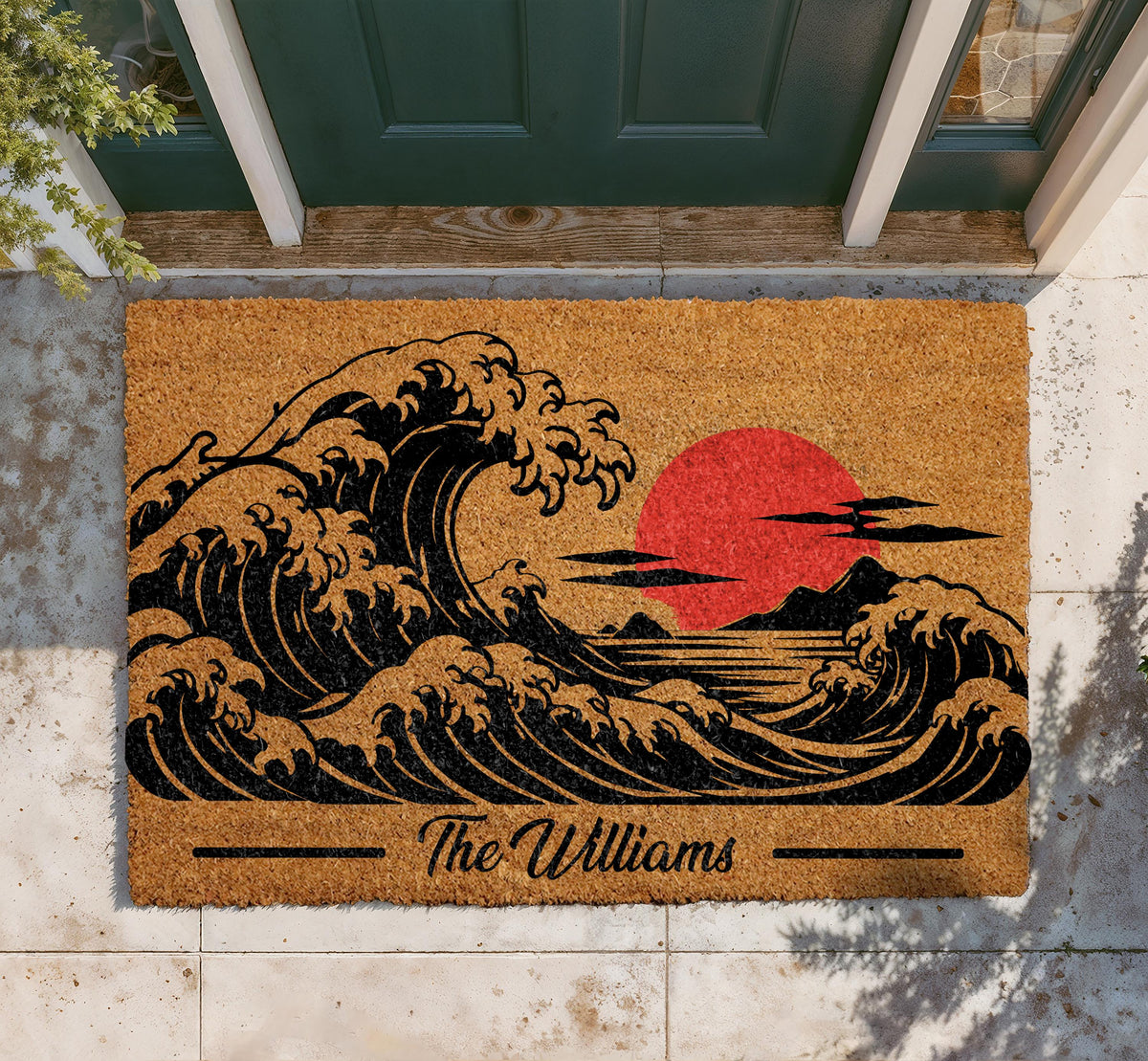 Custom Wave Doormat, Japanese Great Wave Rug, Red Sun Ocean Front Porch Decor, Housewarming Gift