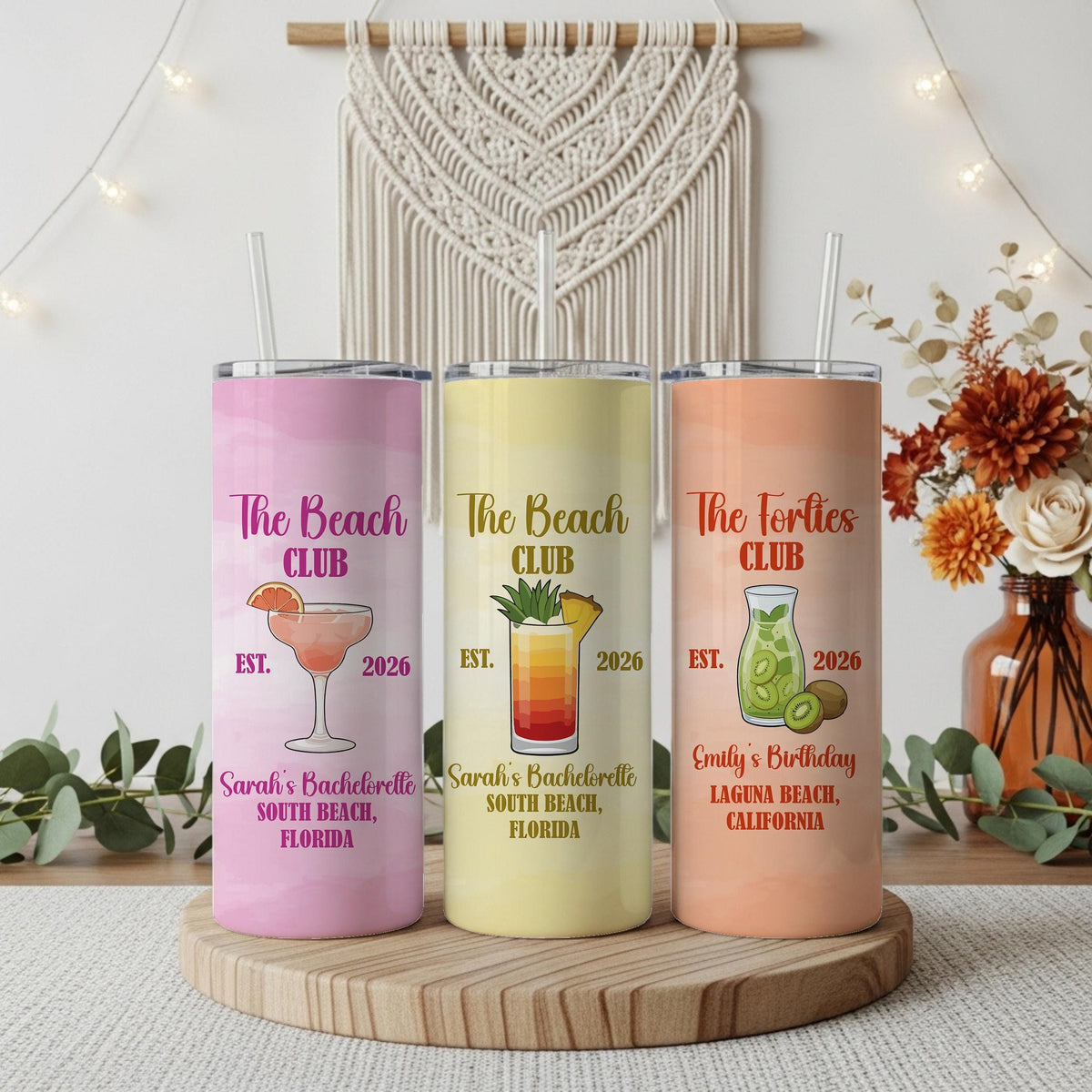 Custom Beach Bachelorette Party Tumbler With Name, Personalized Beach Club Cocktail Theme Insulated Cup, Girls Trip Matching Travel Gift