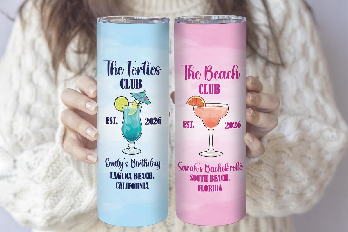 Custom Beach Bachelorette Party Tumbler With Name, Personalized Beach Club Cocktail Theme Insulated Cup, Girls Trip Matching Travel Gift