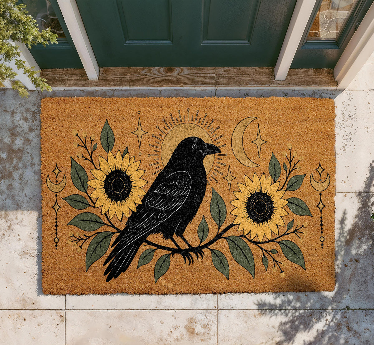 Crow and Sunflower Doormat, Celestial Moon Mat, Gothic Home Decor, Witchy Welcome Mat, Nature Front Porch Rug, Coir Door Mat