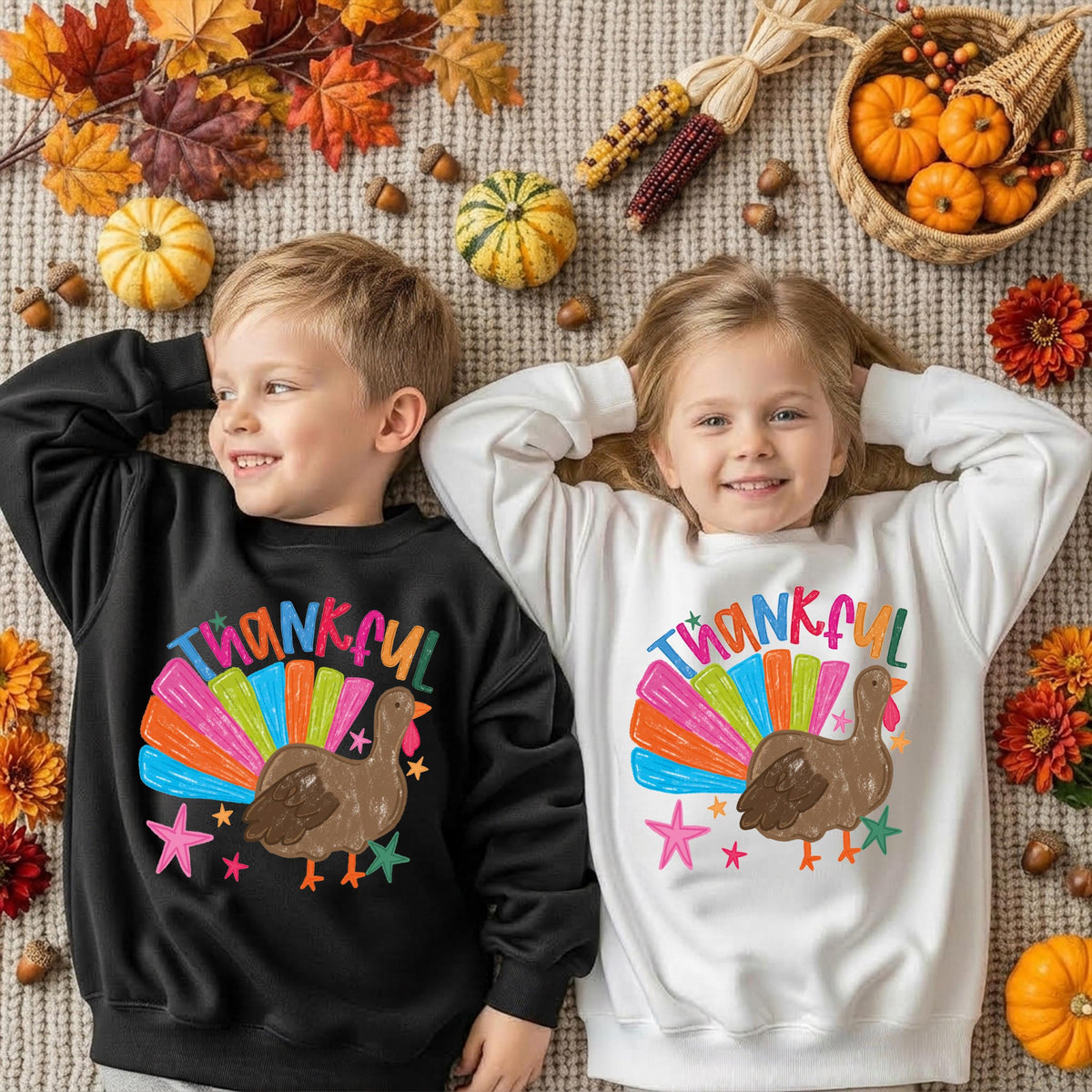 Thankful Kids Sweatshirt, Thanksgiving Baby Bodysuit, Colorful Turkey Toddler Shirt