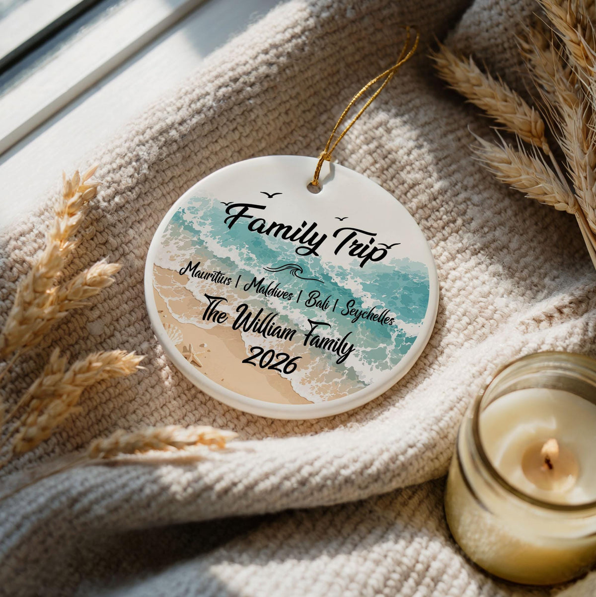Personalized Family Trip Ornament, Custom Name Beach Vacation Ceramic Ornament, Tropical Summer Travel Souvenir Gift, Ocean Wave Keepsake