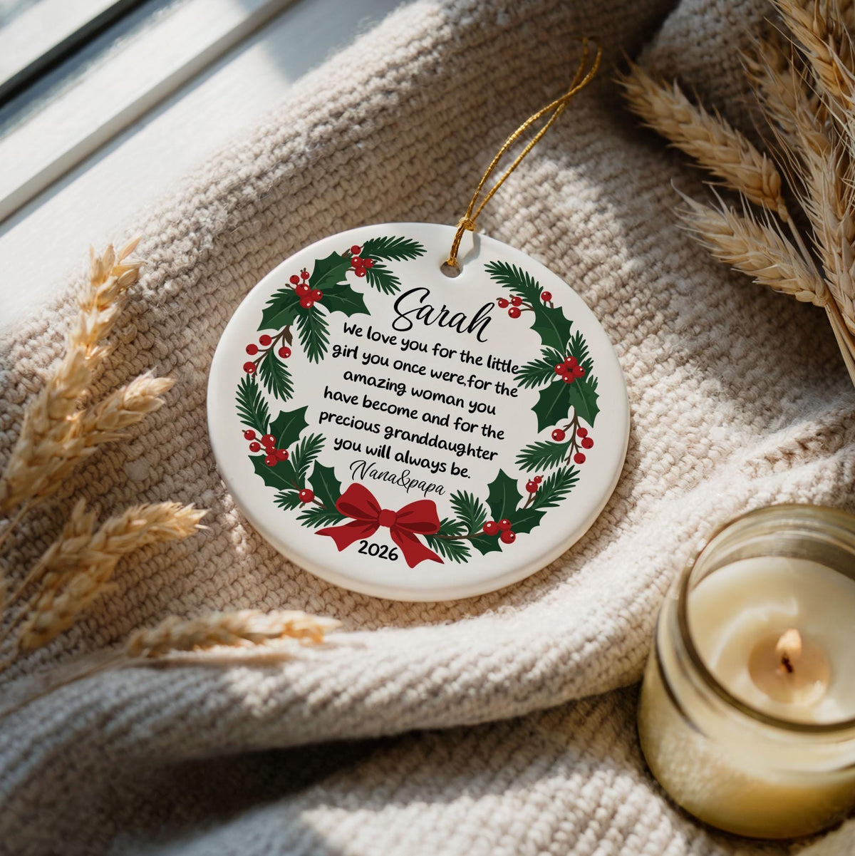 Personalized Christmas Ornament for Granddaughter, Meaningful Quote Precious Granddaughter Keepsake, Holly Wreath Family Holiday Gift
