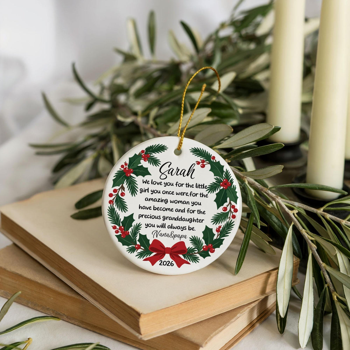Personalized Christmas Ornament for Granddaughter, Meaningful Quote Precious Granddaughter Keepsake, Holly Wreath Family Holiday Gift