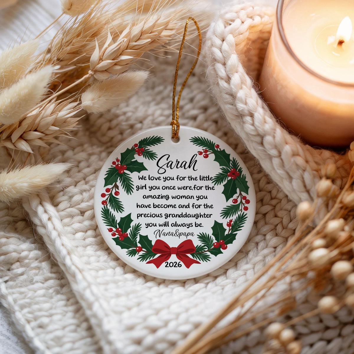 Personalized Christmas Ornament for Granddaughter, Meaningful Quote Precious Granddaughter Keepsake, Holly Wreath Family Holiday Gift