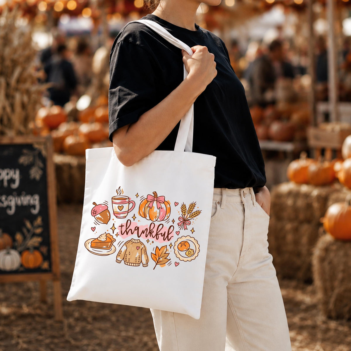 Thankful Tote Bag, Thanksgiving Foods Tote Bag, Autumn Season Gift Bag