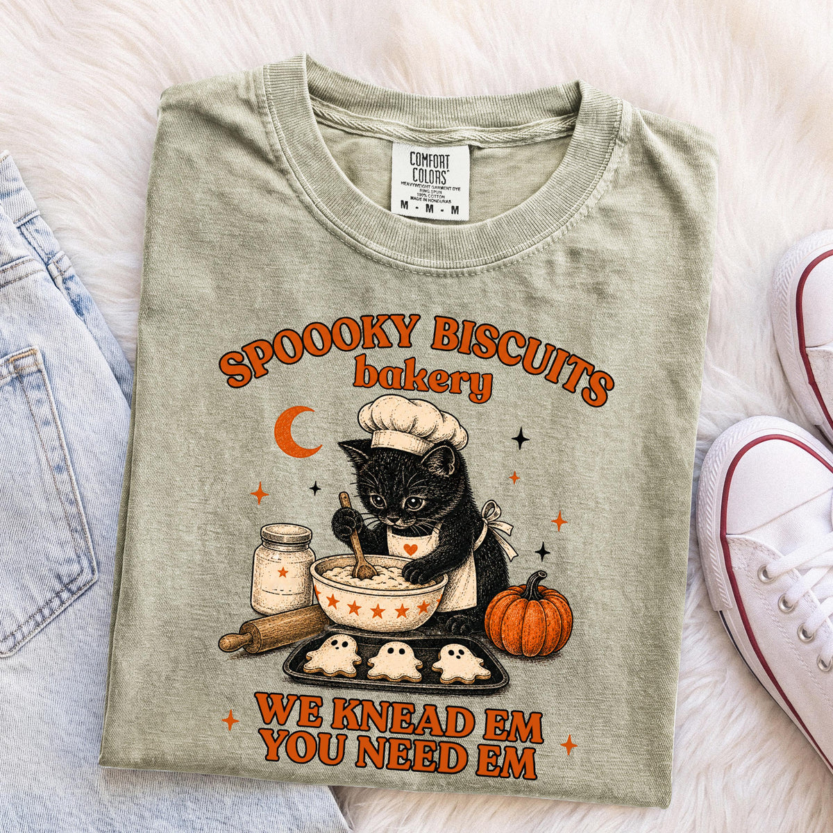 Spooky Biscuits Bakery Comfort Colors® Shirt, Funny Baking Cat T-Shirt, Halloween Women Gift Tee