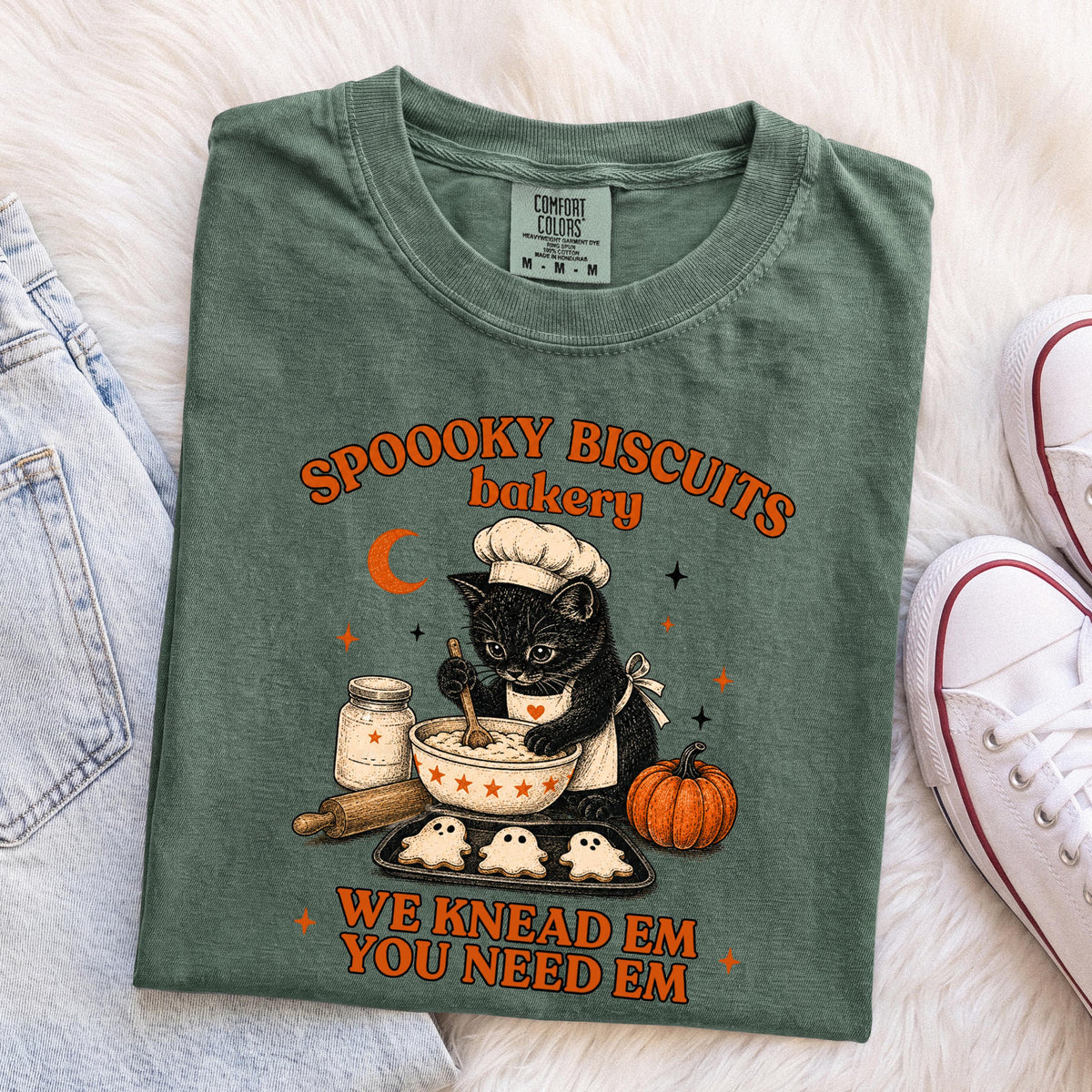 Spooky Biscuits Bakery Comfort Colors® Shirt, Funny Baking Cat T-Shirt, Halloween Women Gift Tee