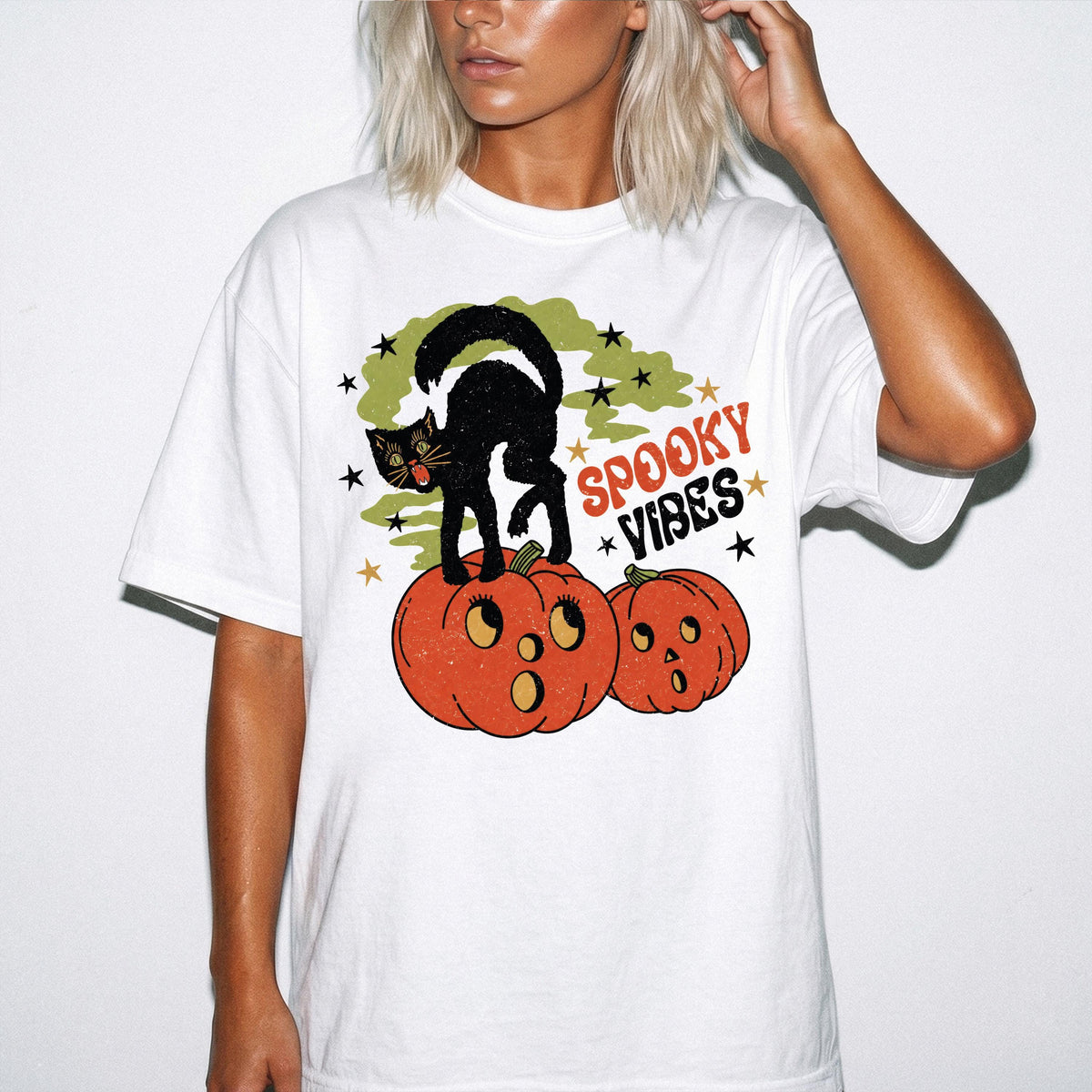 Spooky Vibes Cat Comfort Colors® Shirt, Funny Pumpkin Season T-Shirt, Halloween Gift Tee