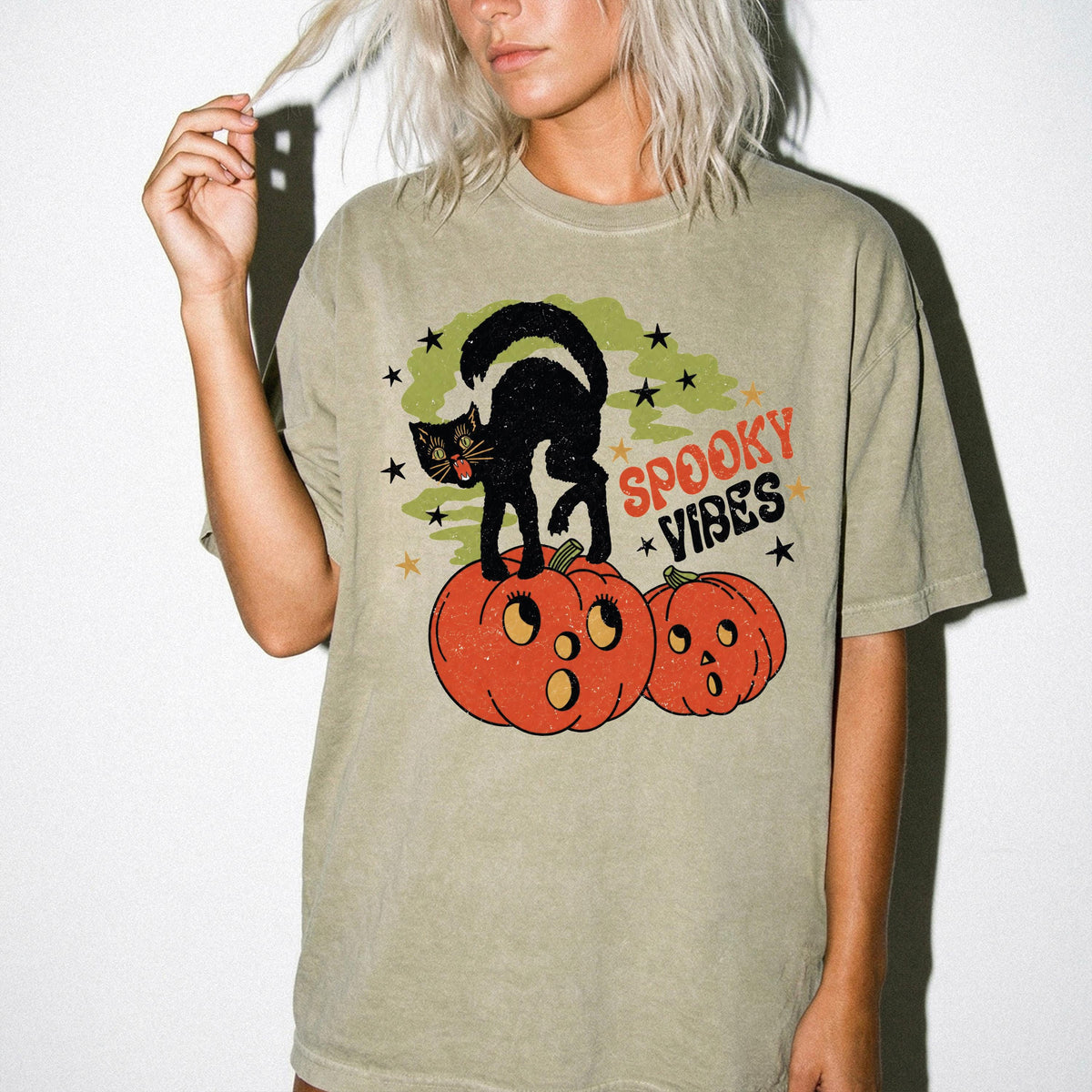 Spooky Vibes Cat Comfort Colors® Shirt, Funny Pumpkin Season T-Shirt, Halloween Gift Tee
