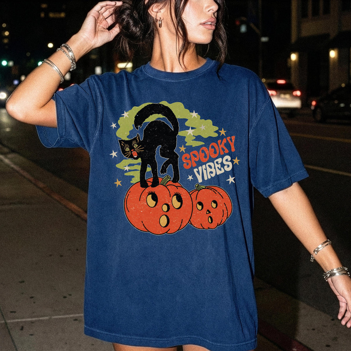 Spooky Vibes Cat Comfort Colors® Shirt, Funny Pumpkin Season T-Shirt, Halloween Gift Tee