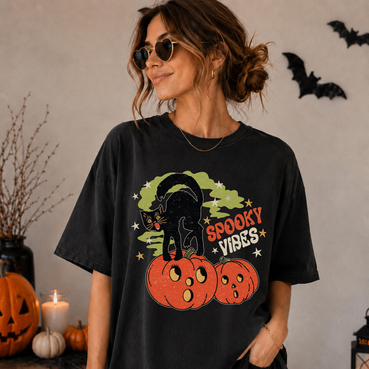 Spooky Vibes Cat Comfort Colors® Shirt, Funny Pumpkin Season T-Shirt, Halloween Gift Tee
