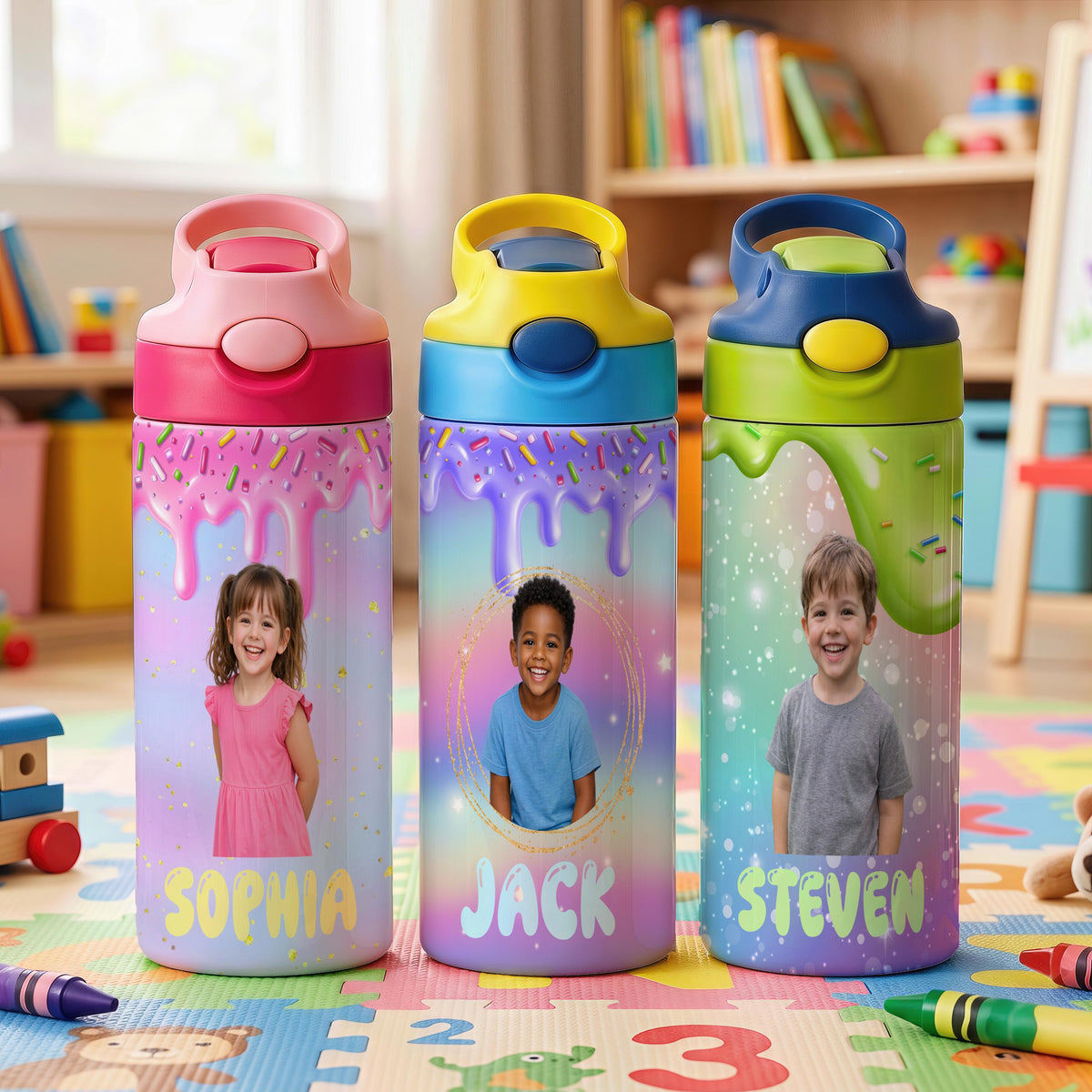 Personalized Kids Photo Water Bottle, Custom Name Tumbler, Ice Cream Drip Design