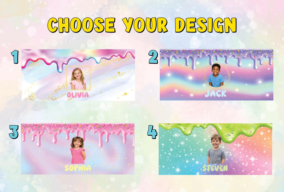 Personalized Kids Photo Water Bottle, Custom Name Tumbler, Ice Cream Drip Design