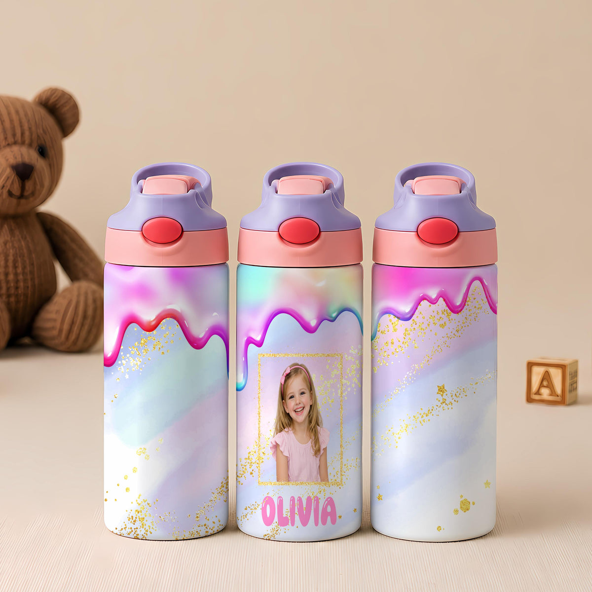 Personalized Kids Photo Water Bottle, Custom Name Tumbler, Ice Cream Drip Design