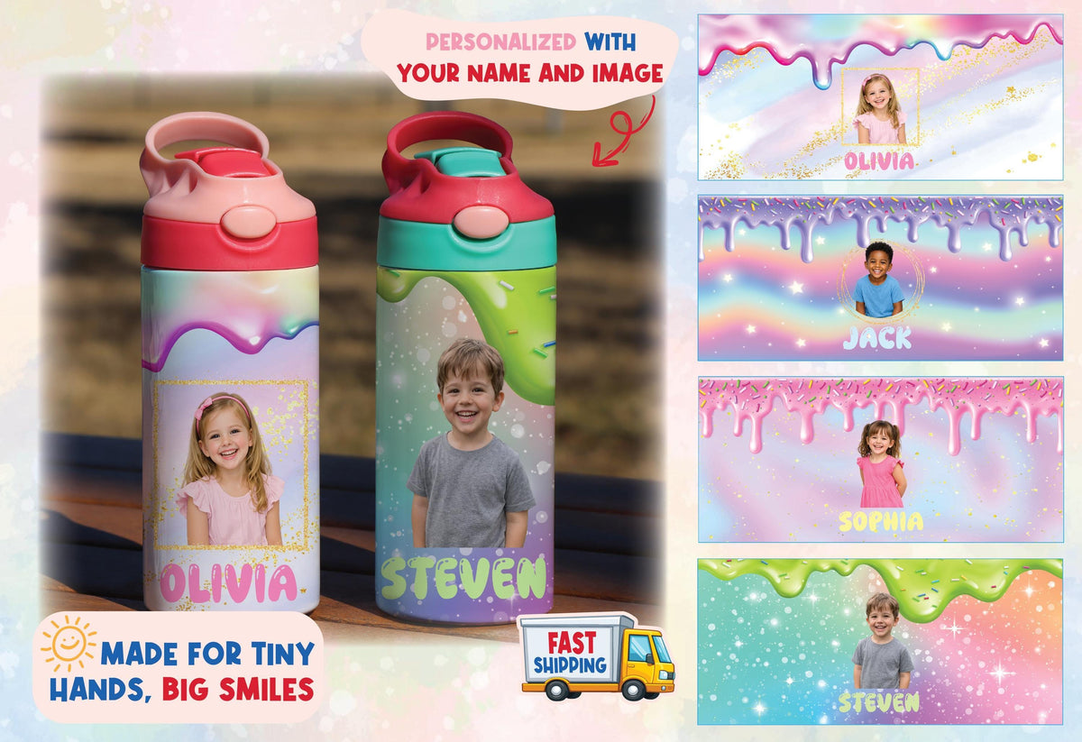 Personalized Kids Photo Water Bottle, Custom Name Tumbler, Ice Cream Drip Design