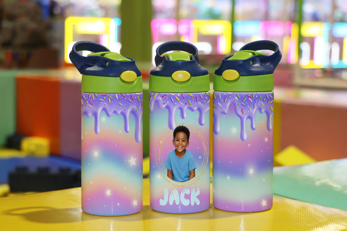 Personalized Kids Photo Water Bottle, Custom Name Tumbler, Ice Cream Drip Design