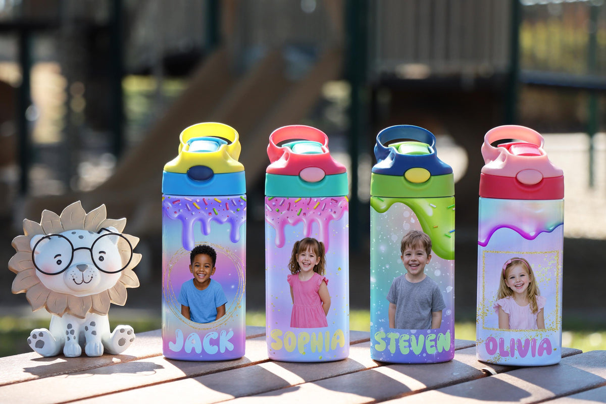 Personalized Kids Photo Water Bottle, Custom Name Tumbler, Ice Cream Drip Design