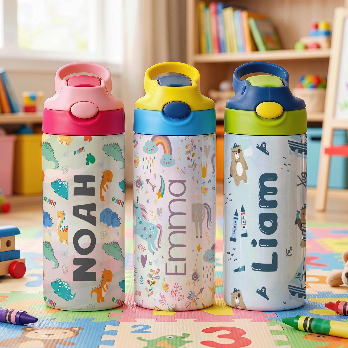 Personalized Kids Water Bottle, Dino Tumbler with Straw, Unicorn & Fairy Cup