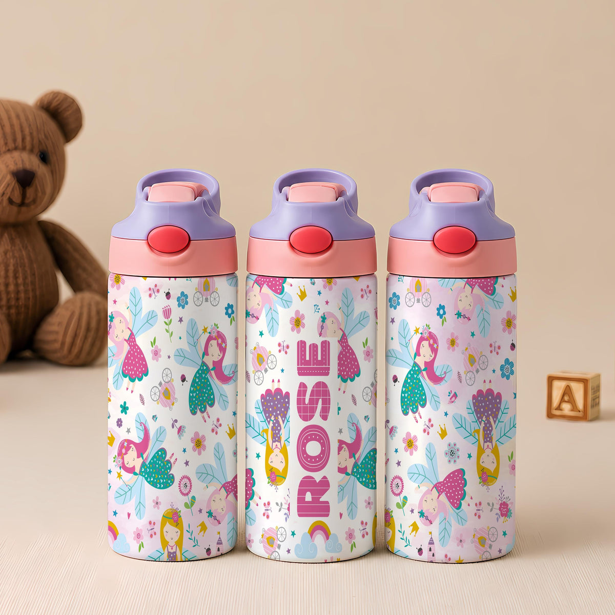 Personalized Kids Water Bottle, Dino Tumbler with Straw, Unicorn & Fairy Cup