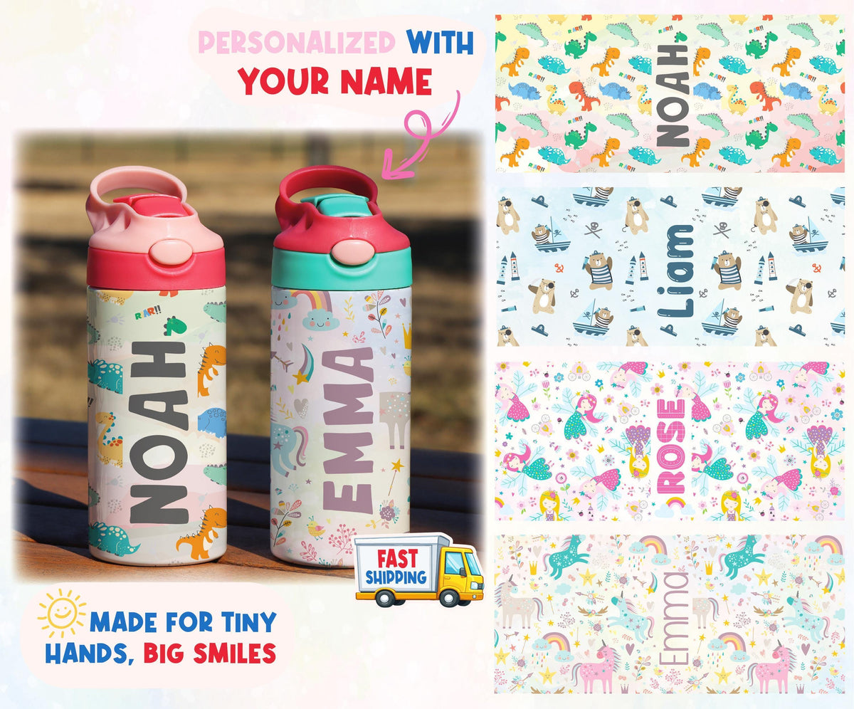Personalized Kids Water Bottle, Dino Tumbler with Straw, Unicorn & Fairy Cup
