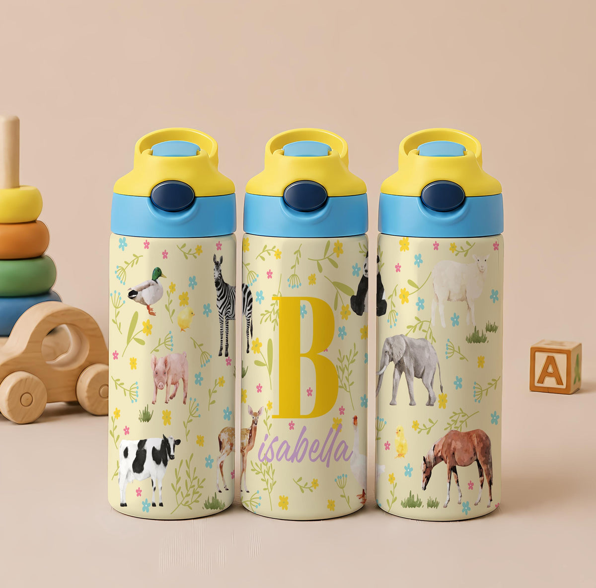 Personalized Safari Animal Tumbler, 12 oz Insulated Kids Water Bottle