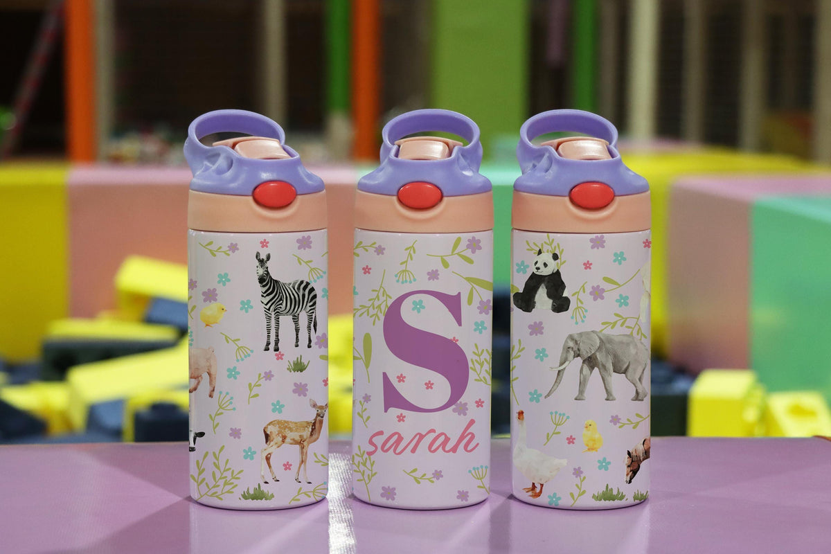 Personalized Safari Animal Tumbler, 12 oz Insulated Kids Water Bottle