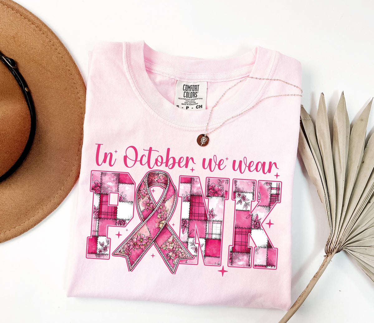 Comfort Colors® In October We Wear Pink Shirt, Floral Breast Cancer Support T-Shirt, Cancer Team Crewneck, Cancer Survivor Long Sleeve