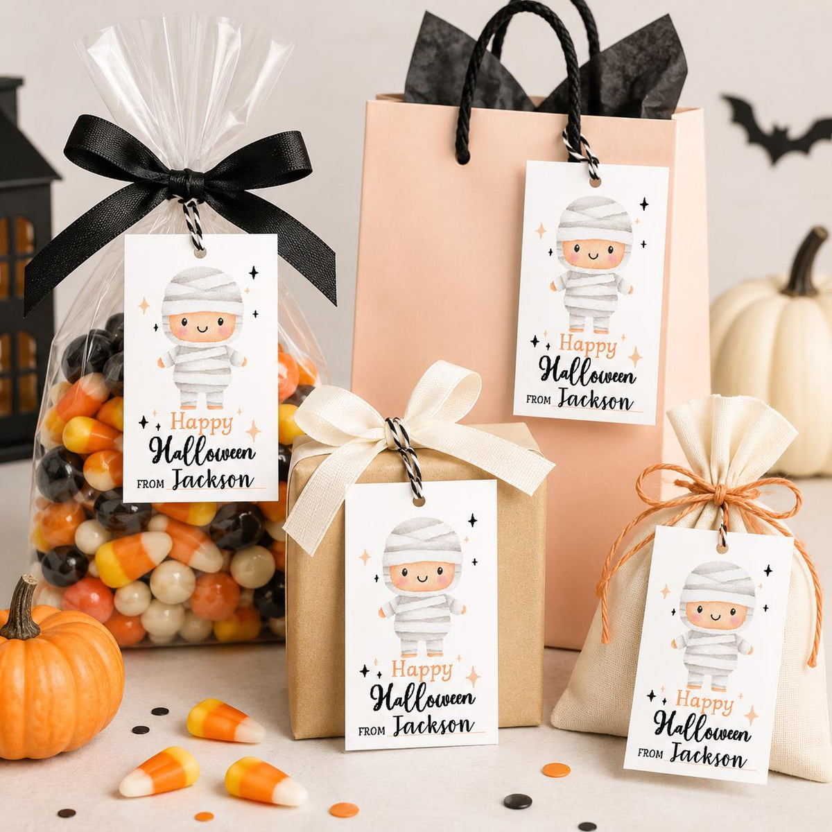 Personalized Teacher Halloween Gift Tags, Ghost Pumpkin Treat Bag Labels (Printed)