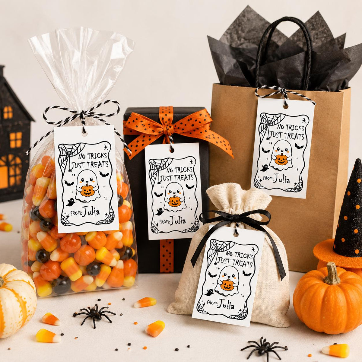 No Tricks Just Treats Halloween Gift Tags, Custom Candy Bag Labels (Printed)