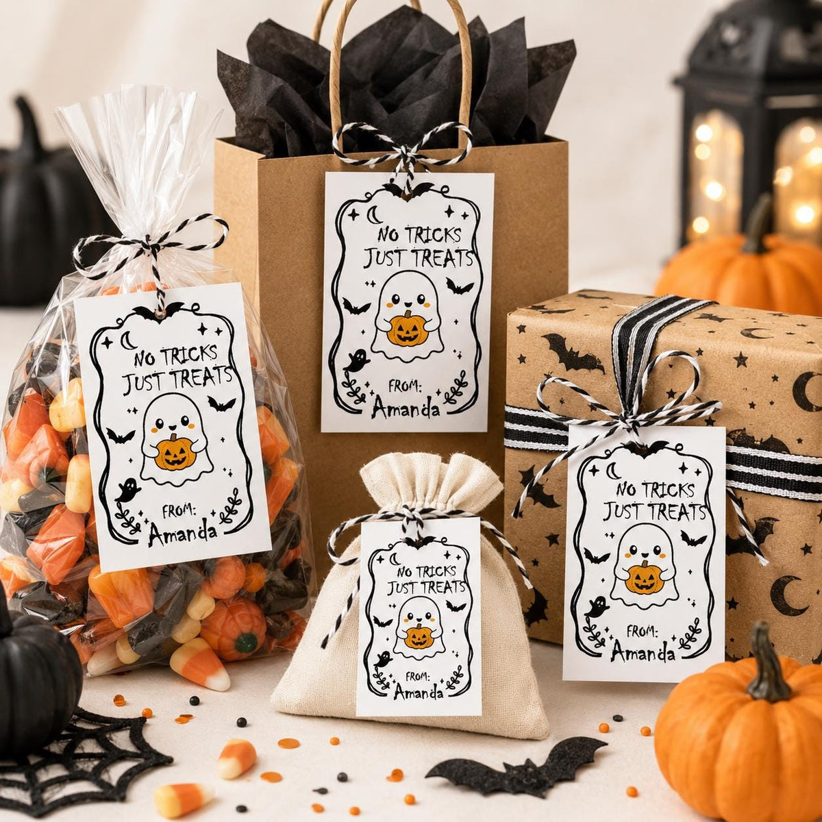 No Tricks Just Treats Halloween Gift Tags, Custom Candy Bag Labels (Printed)