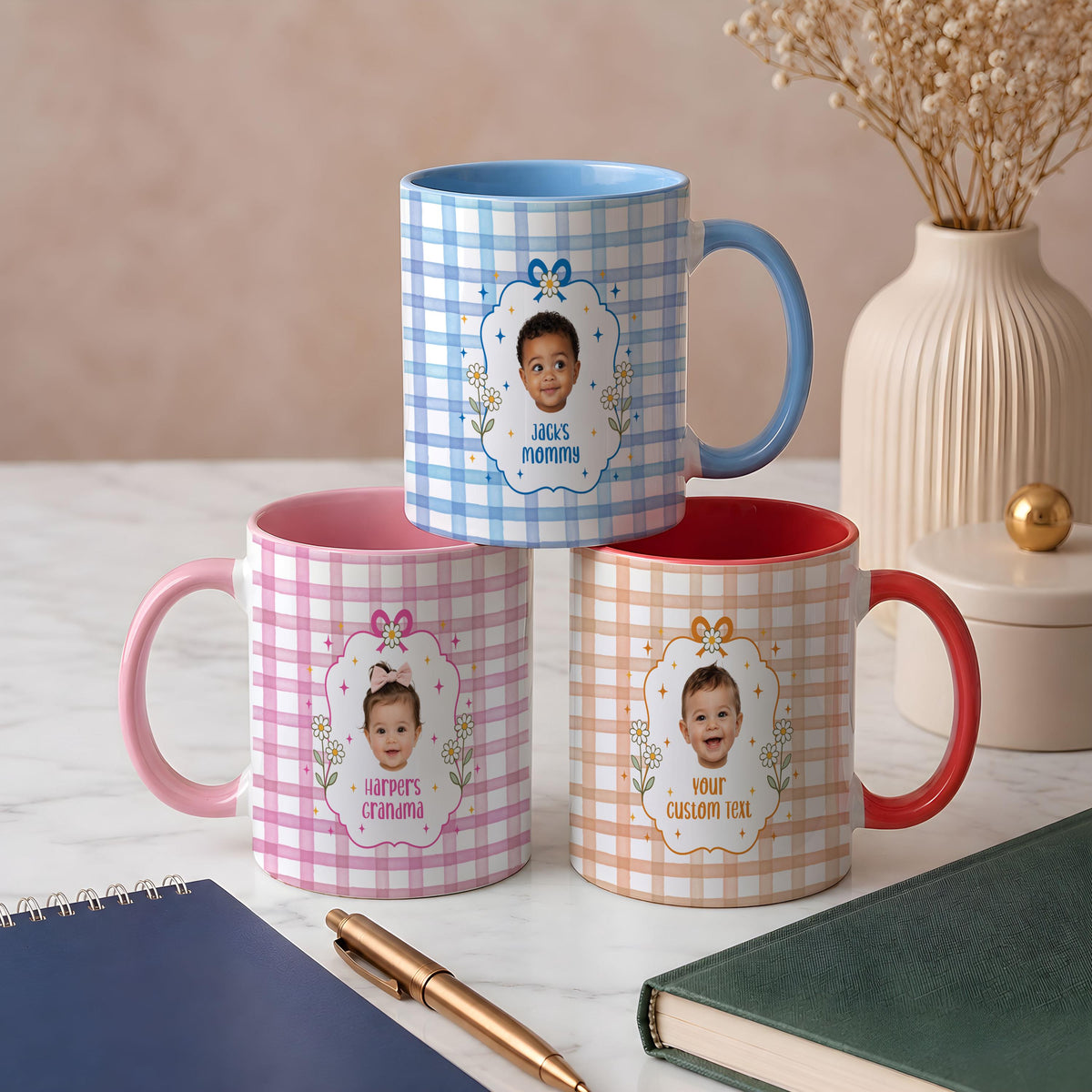 Custom Photo Gingham Coffee Mug, Personalized Baby Picture Gift for Mom Grandma