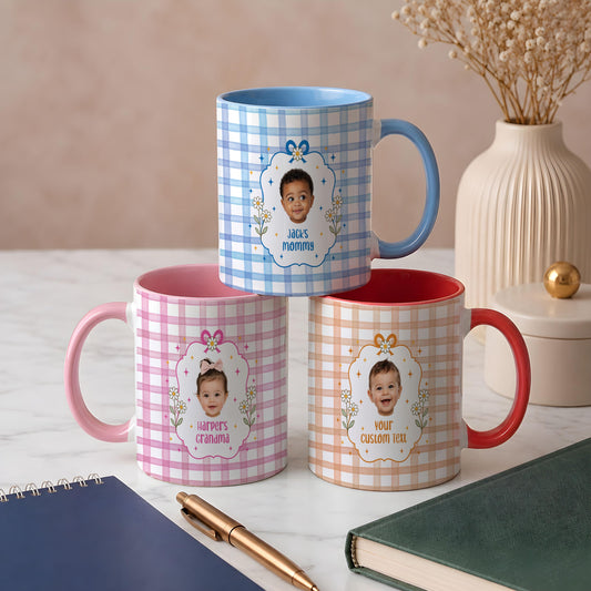 Custom Photo Gingham Coffee Mug, Personalized Baby Picture Gift for Mom Grandma