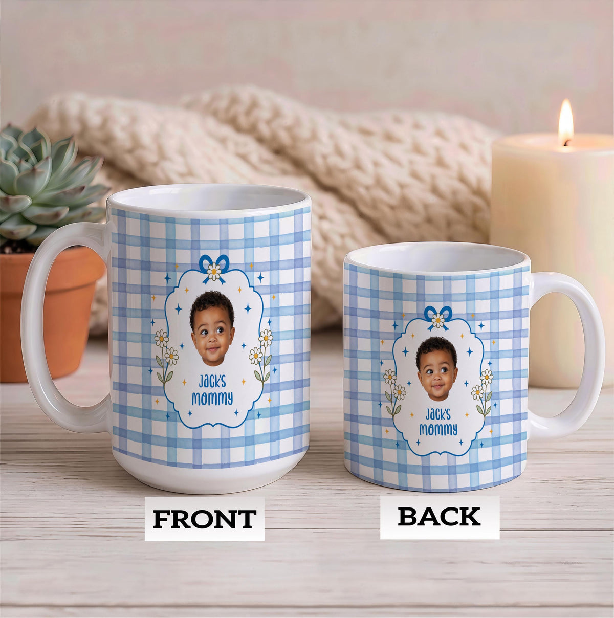 Custom Photo Gingham Coffee Mug, Personalized Baby Picture Gift for Mom Grandma