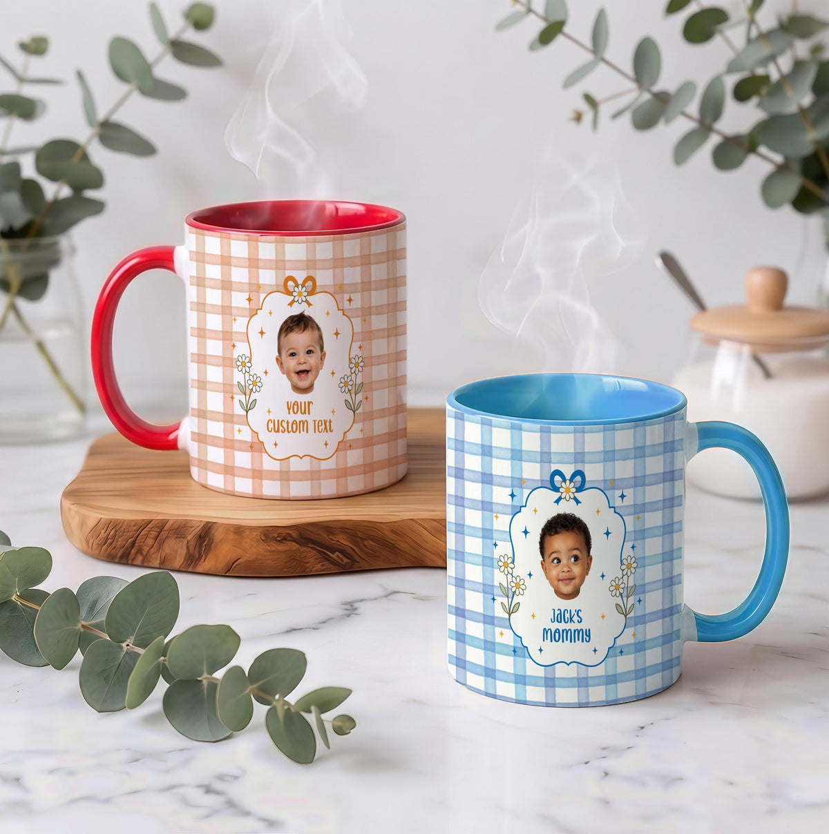 Custom Photo Gingham Coffee Mug, Personalized Baby Picture Gift for Mom Grandma