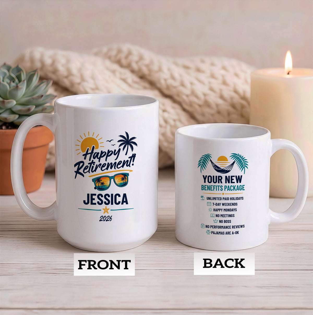 Custom Name Happy Retirement Tropical Coffee Mug, Funny Retirement Benefits Package Ceramic Cup