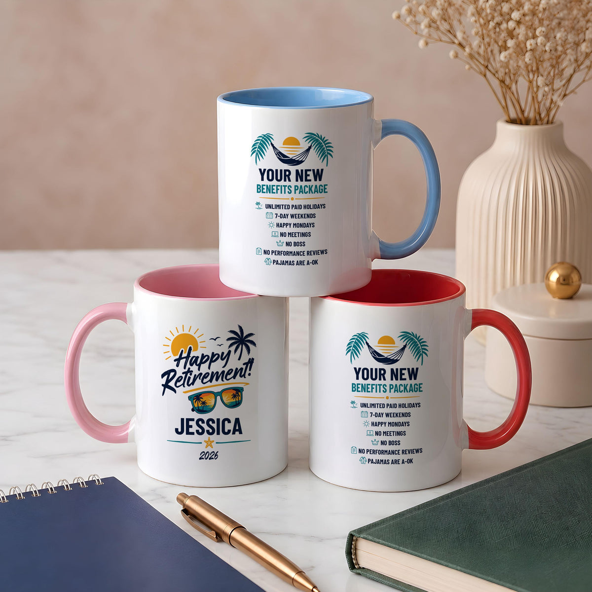 Custom Name Happy Retirement Tropical Coffee Mug, Funny Retirement Benefits Package Ceramic Cup