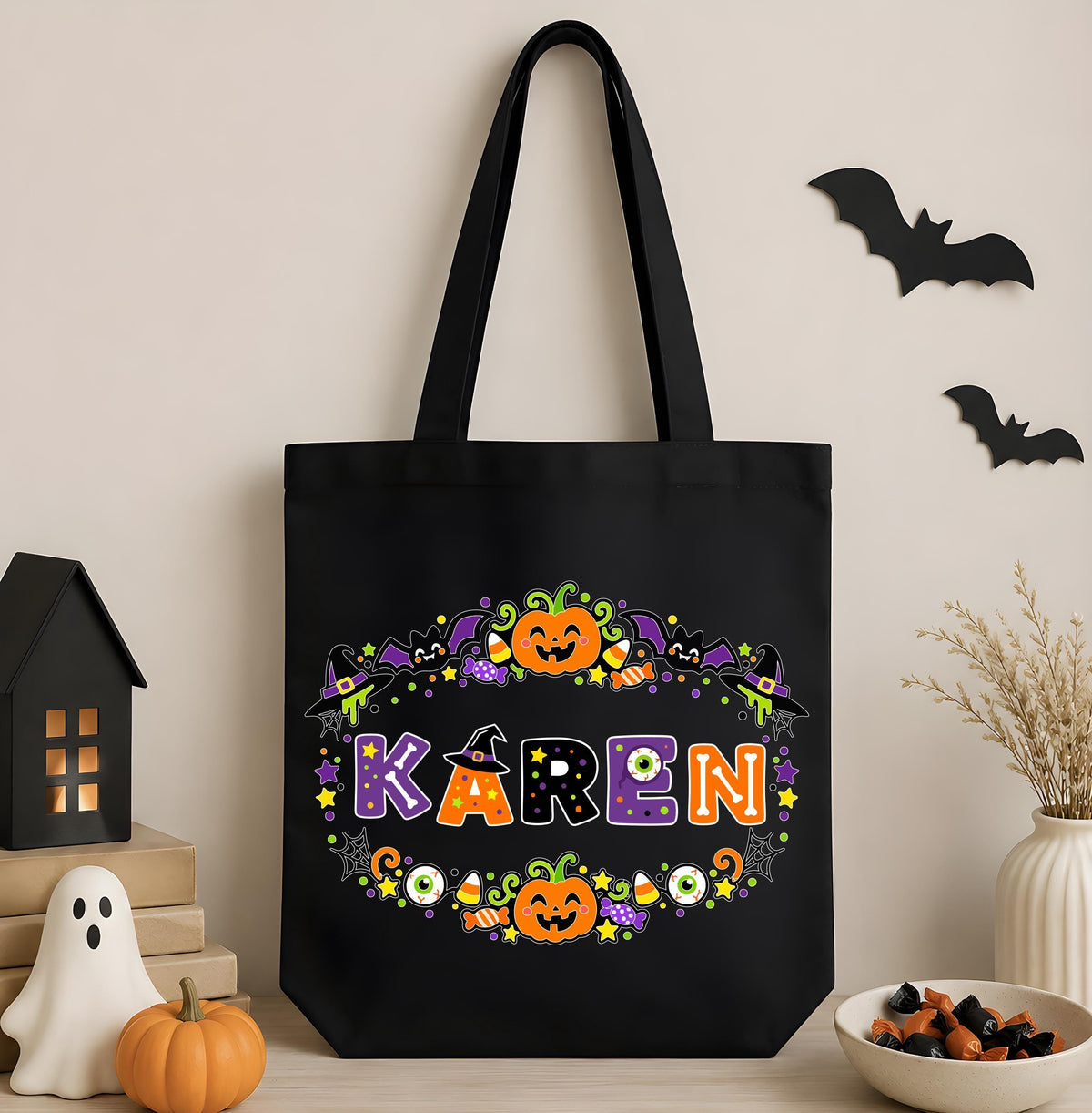 Personalized Halloween Name Canvas Tote Bag