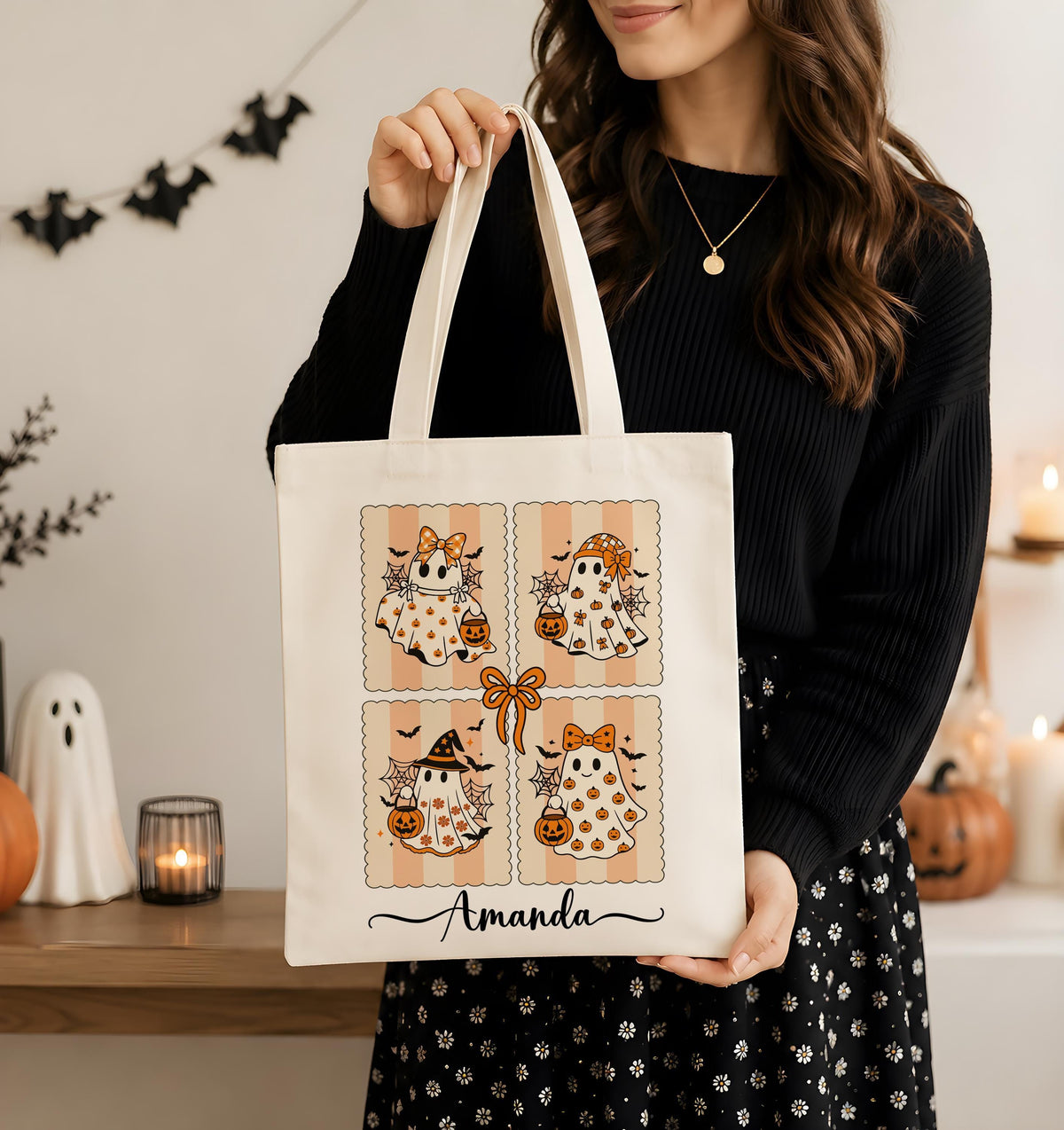Personalized Cute Ghost Halloween Canvas Tote Bag