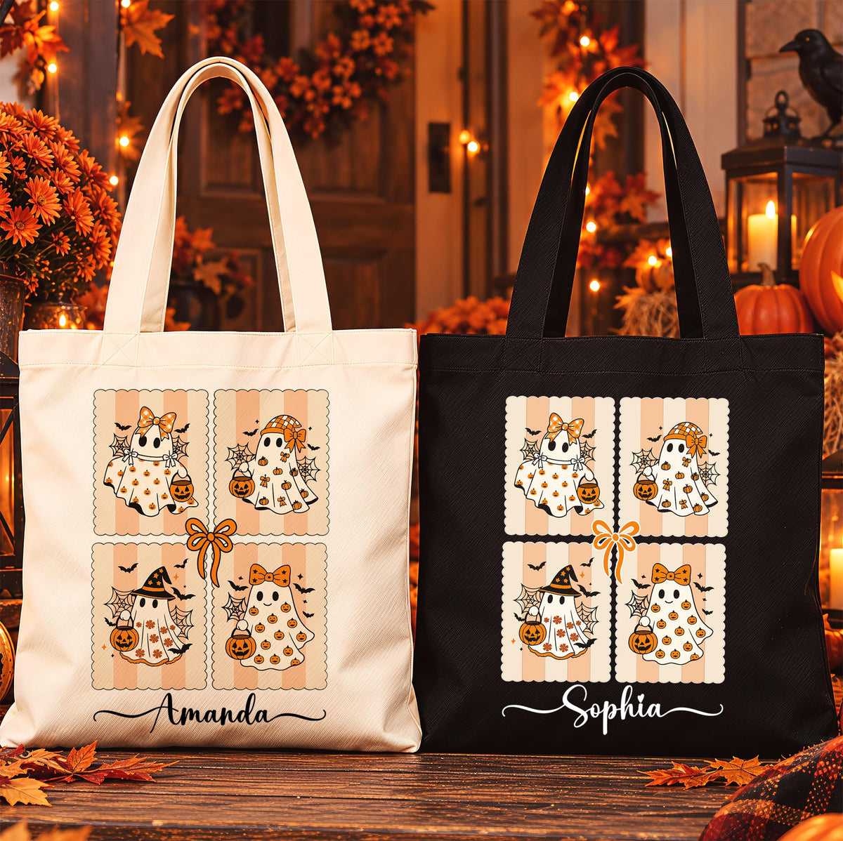 Personalized Cute Ghost Halloween Canvas Tote Bag